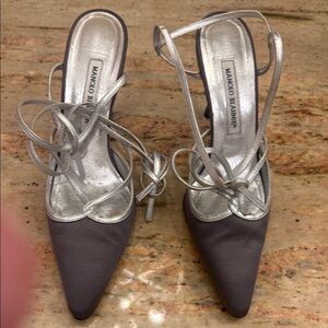 Manolo Blahnik Silver and Gray Silk and Leather Strappy Heels Size 38